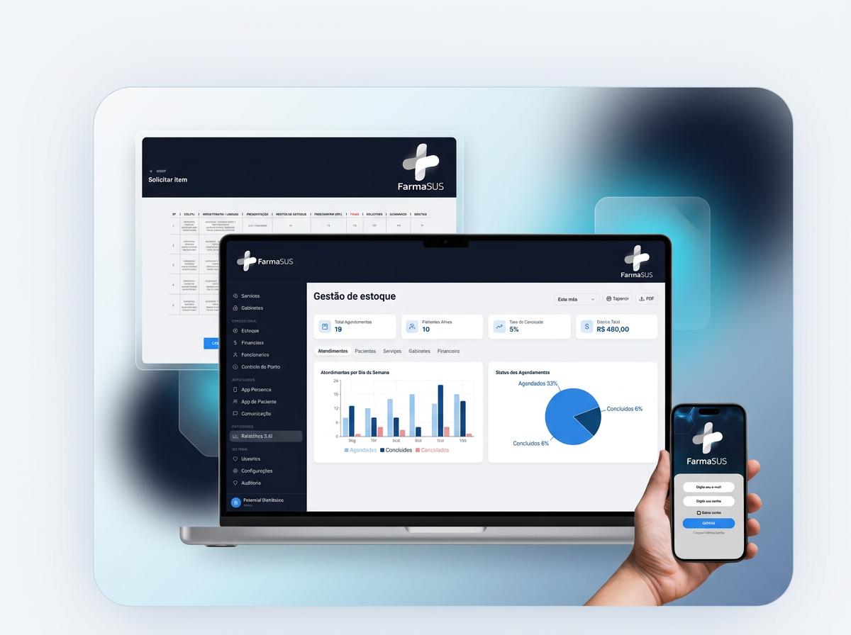 Ecossistema FarmaSUS: dashboard web, tablet de gestão e aplicativo mobile integrados