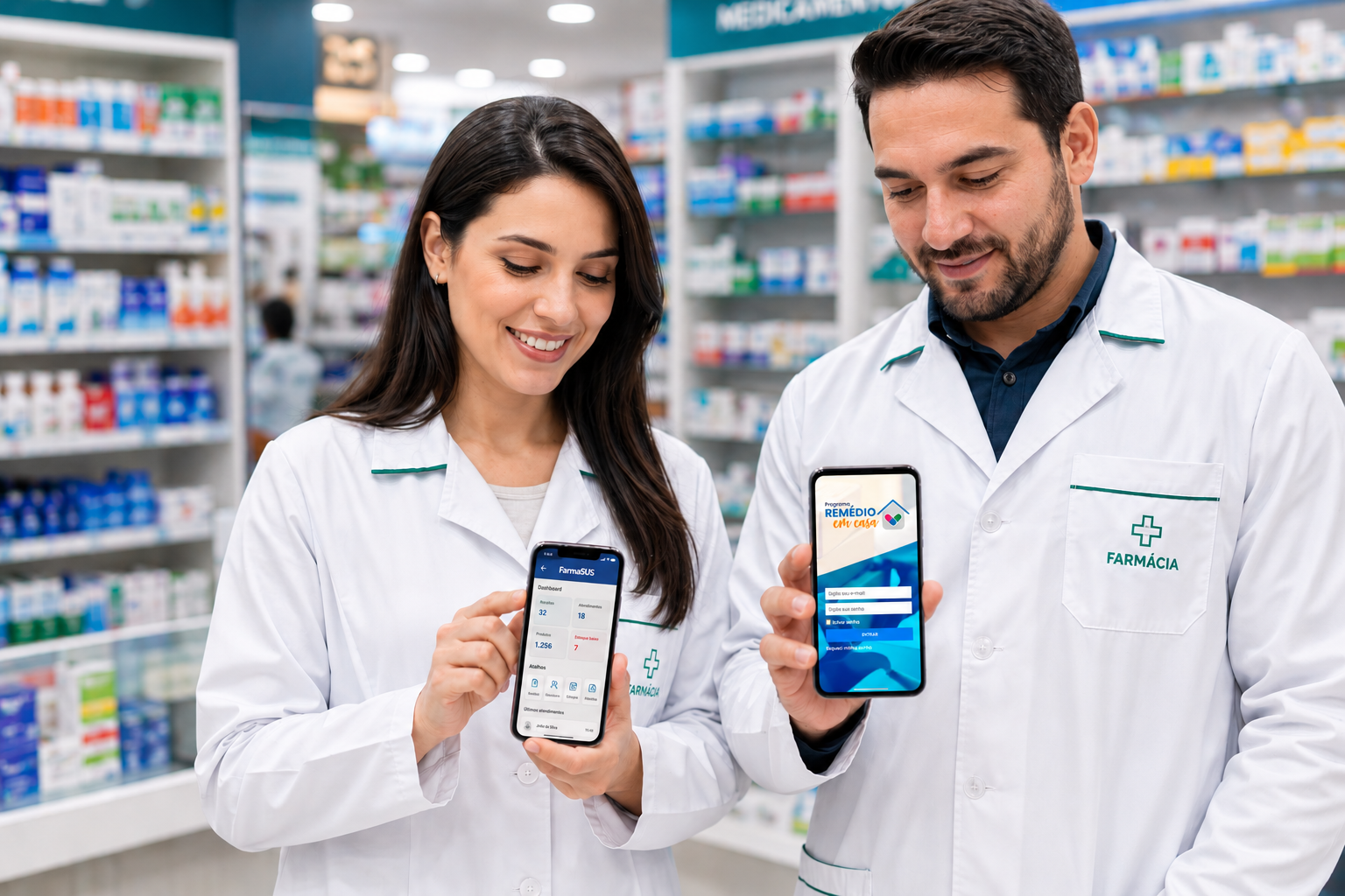Farmacêuticos utilizando o aplicativo Remédio em Casa do FarmaSUS