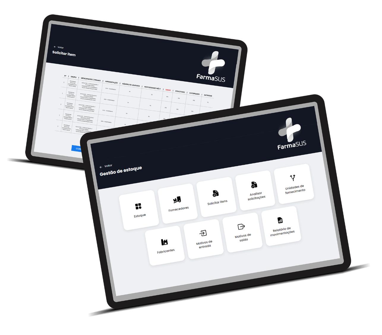 Telas do módulo de Estoques do FarmaSUS exibidas em tablets